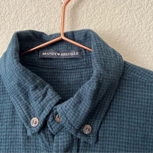 Brandy Melville check plaid 3/4 sleeve button down shirt navy blue forest green - Picture 4 of 5